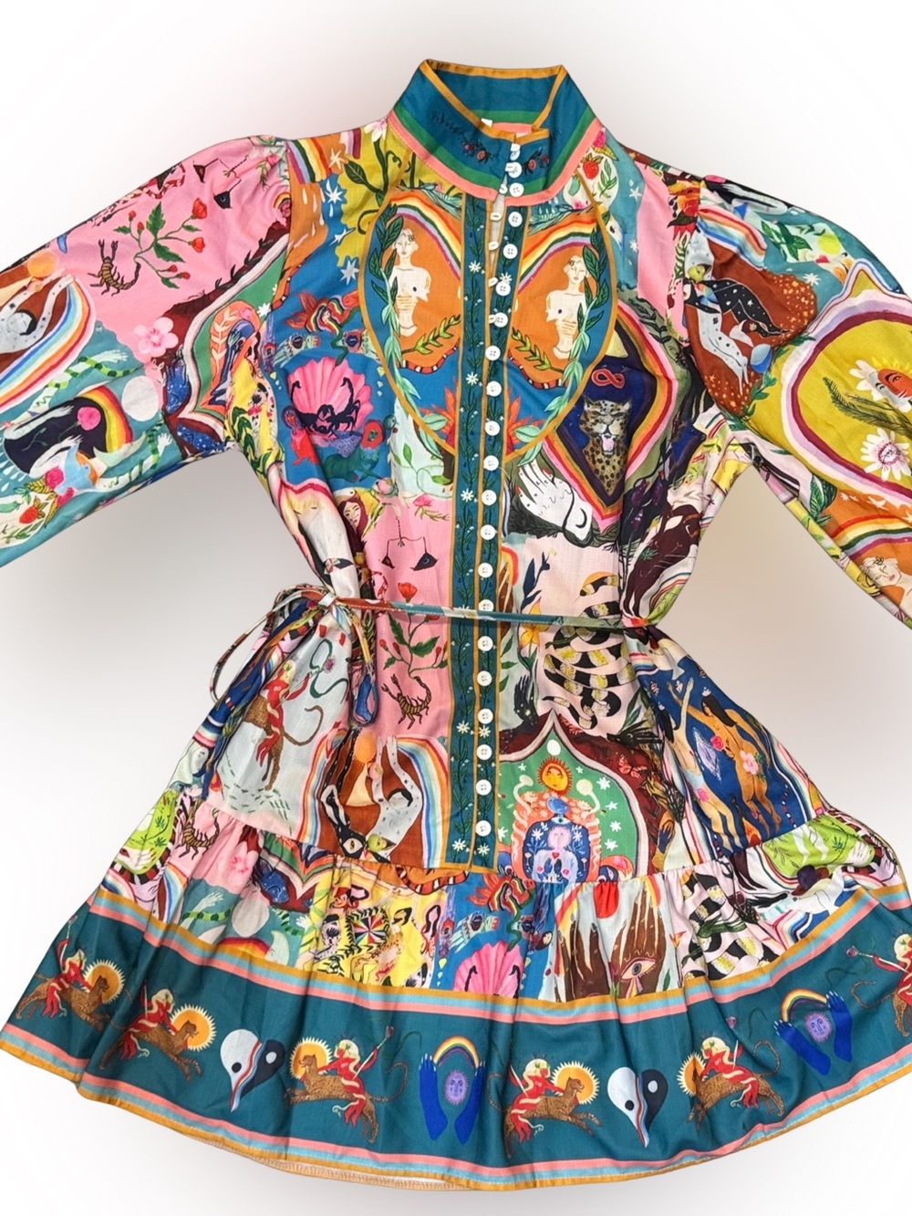 Multicolor Printed Mini Dress with Button-Front and Drawstring Waist - Picture 4 of 12